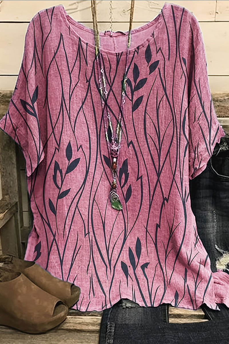 Flycurvy Plus Size Casual Blue Linen Plant Floral Print Short Sleeve Blouse 2024 - Flycurvy 