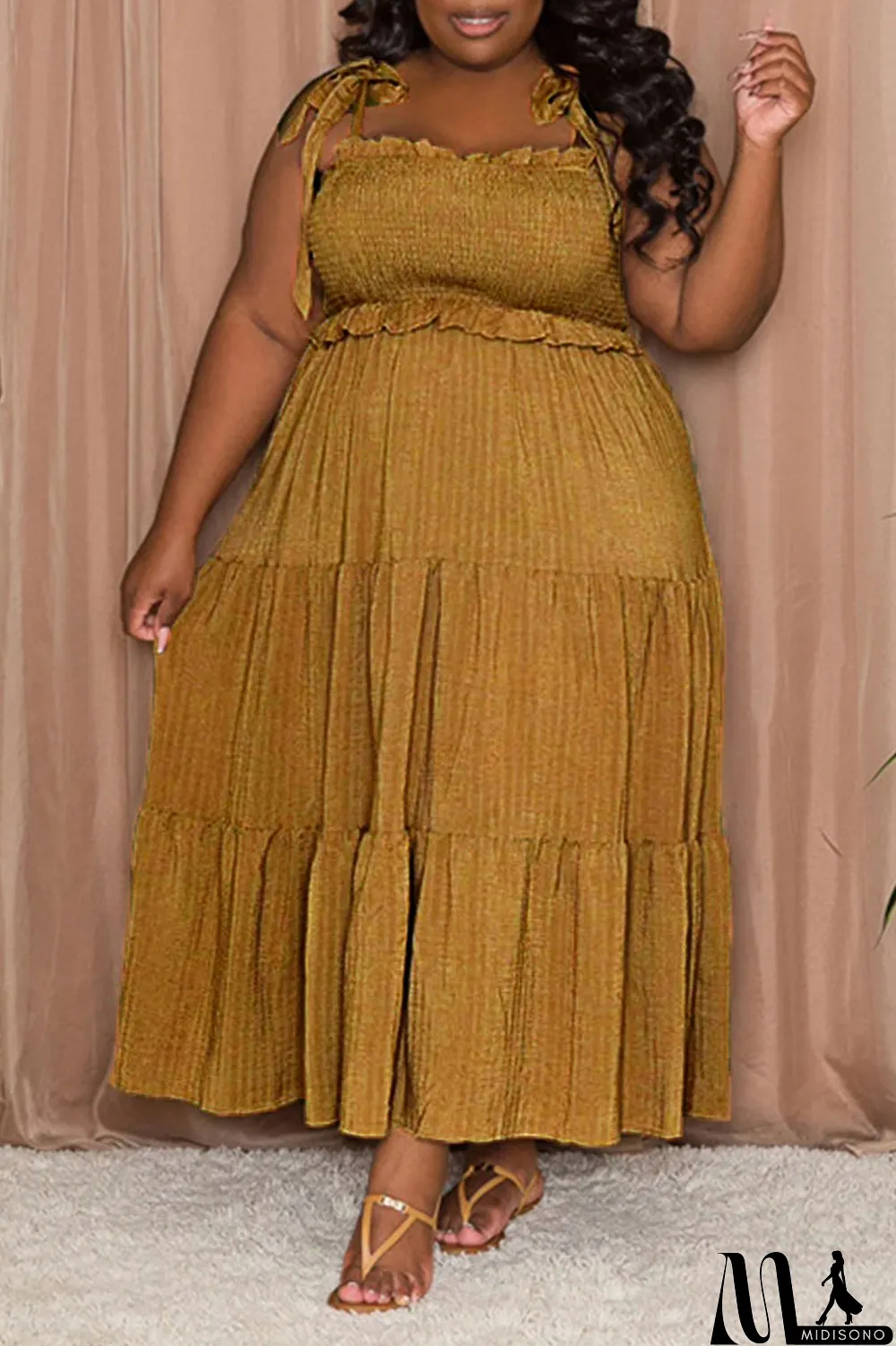 MidiSono - Pink Casual Sweet Solid Bandage Patchwork Fold Spaghetti Strap Sling Dress Plus Size Dresses