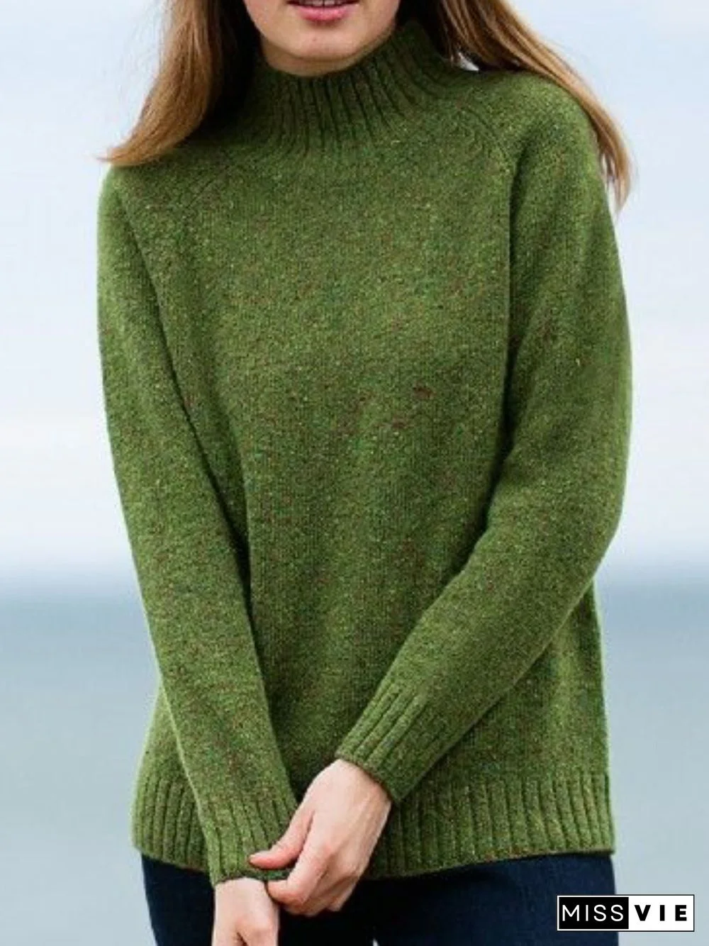 Green Turtleneck Casual Sweater