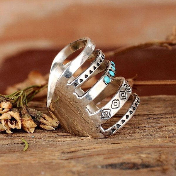 Sterling Silver Bohemian Openwork Carved Turquoise Ring