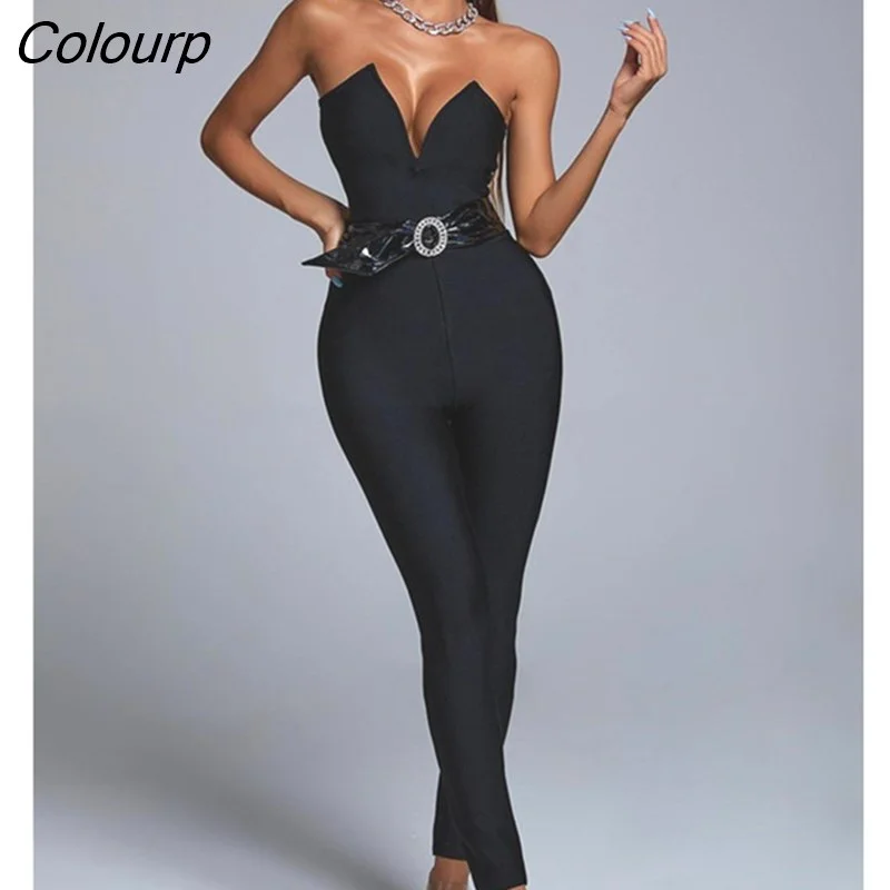 Colourp Quality 2022 New Summer Ladies Sexy Off the Shoulder Bodycon Jumpsuit Rayon Bandage Fashion Belt Evening Party Jumpsuit