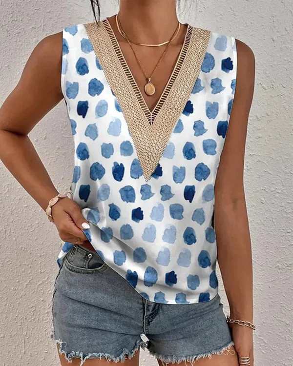 Casual Blue and White Ink Painting Lace V-neck Vest