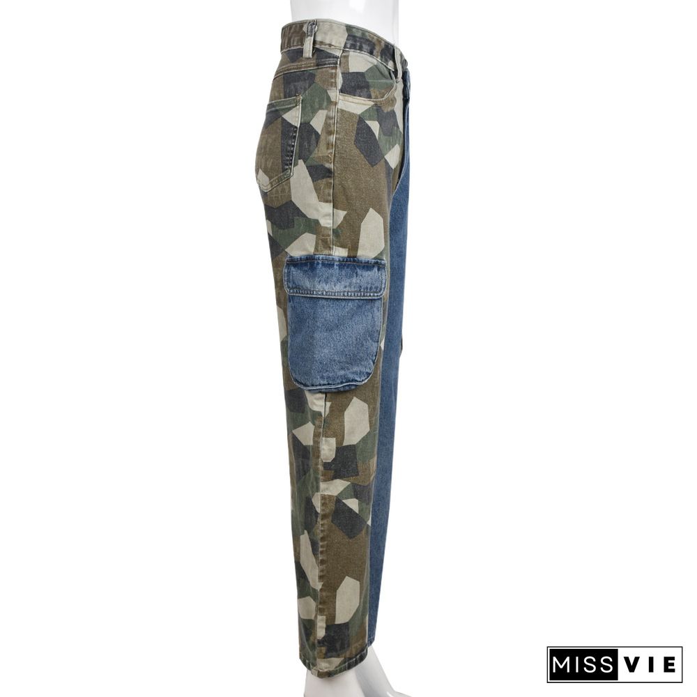 High Waist Patchwork Camouflage Cargo Denim Pants