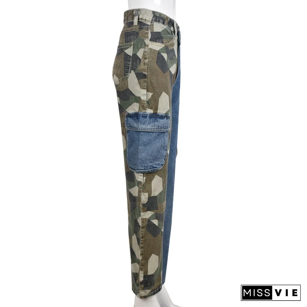 High Waist Patchwork Camouflage Cargo Denim Pants
