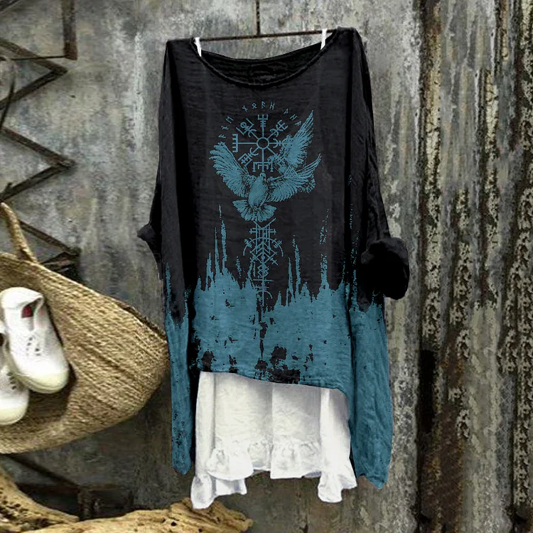 Tribal Bird Viking Vegvisir Print Blouse