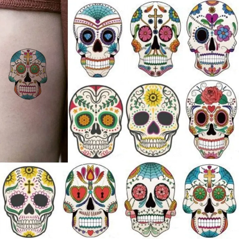 10-20pcs/set Colorful Halloween Skull Head Temporary Tattoo Sticker Child Adult Body Art Water Transfer Fake Tattoo for Face