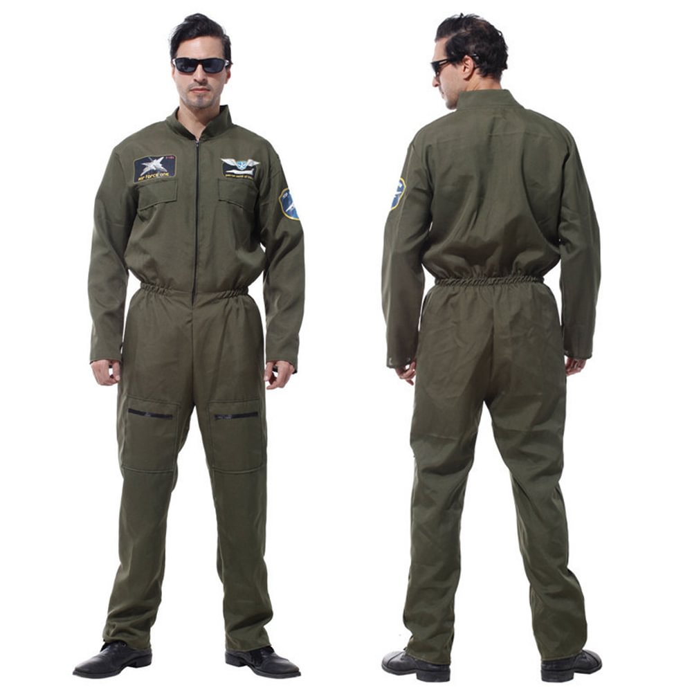 Mens Top Gun Costume Jumpsuit Adult Flight Suit Pilot Aviator Uniform-Pajamasbuy