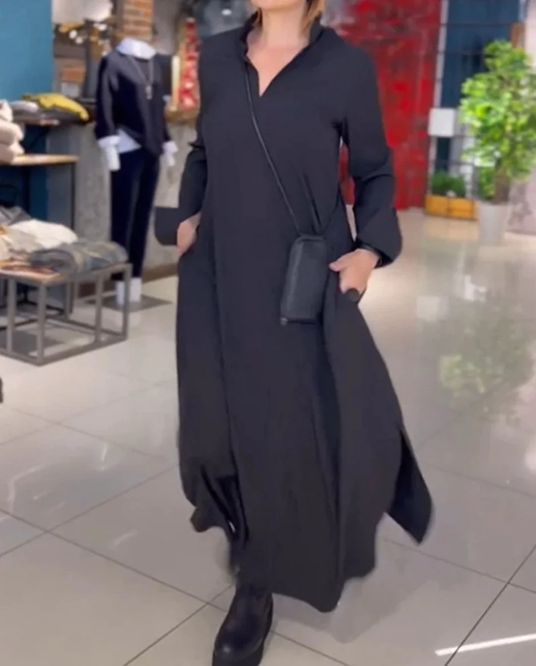 Woherb Autumn And Winter New Leisure Loose Solid Color V Collar Long-Sleeved Dress Women