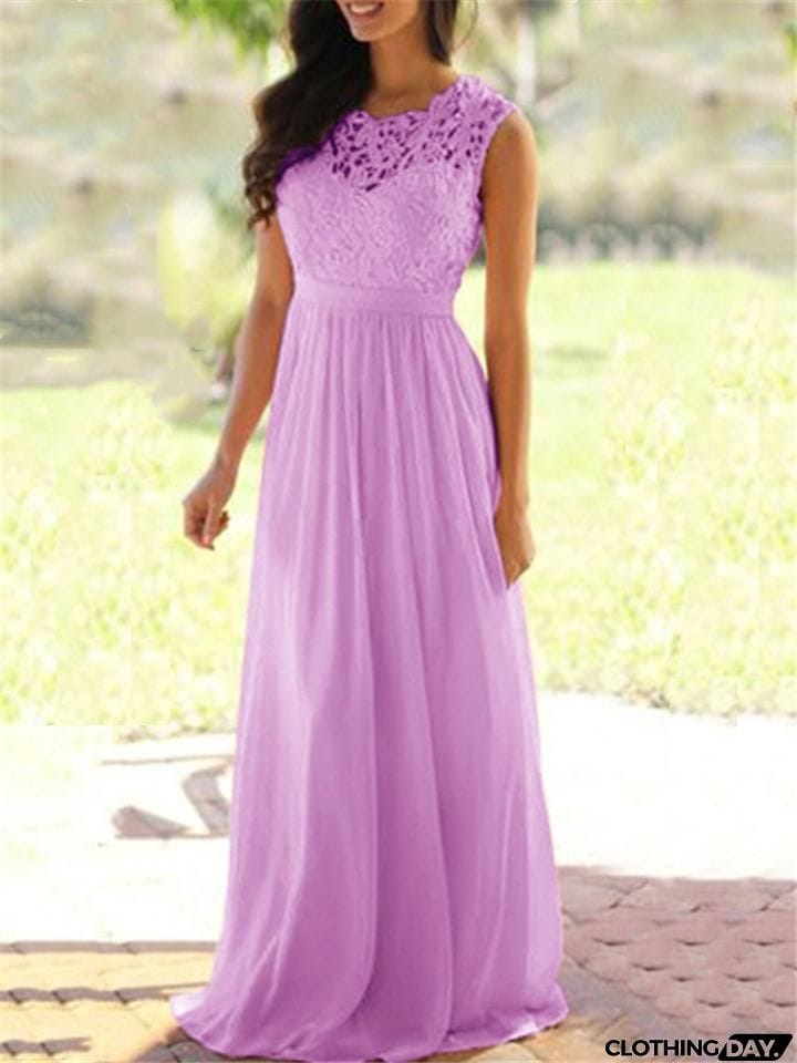 Flattering Fitted Waist Floral Lace Bodice Chiffon Dress for Prom