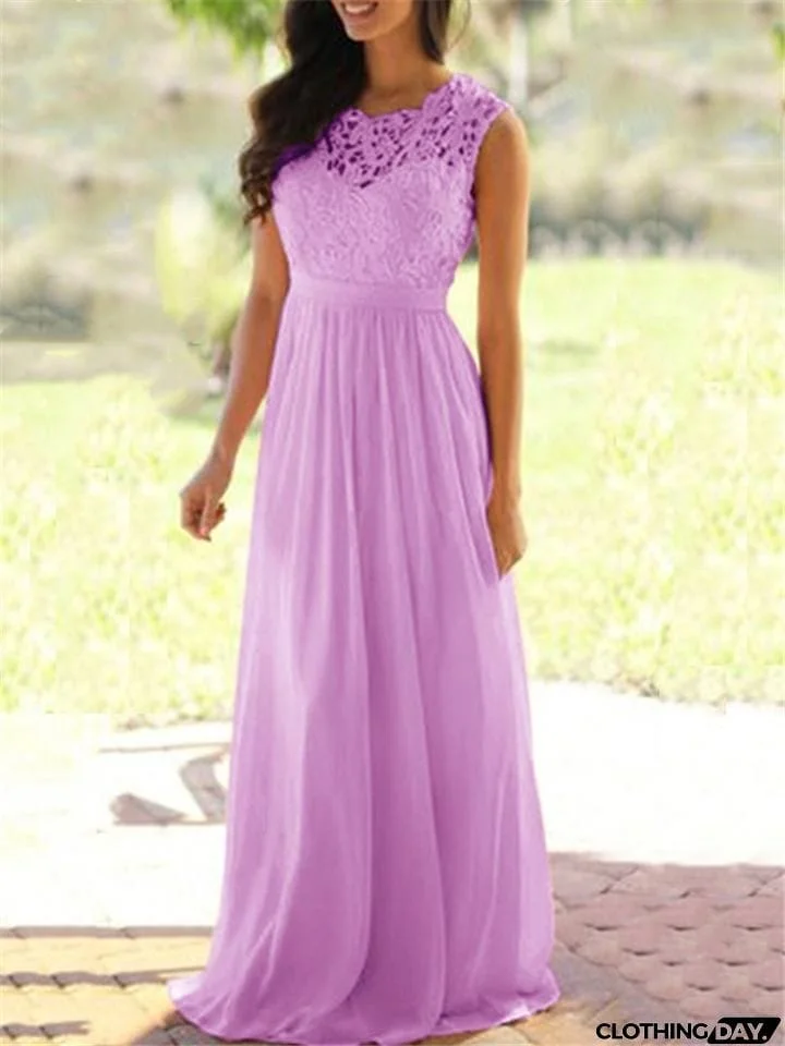 Flattering Fitted Waist Floral Lace Bodice Chiffon Dress for Prom