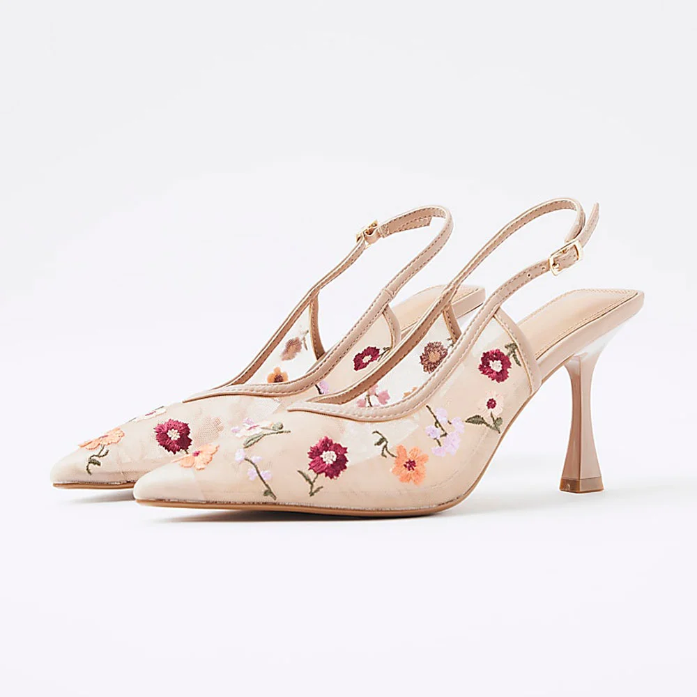 Chic Nude Mesh Pointed Toe Flower Embroidered Slingback Pumps