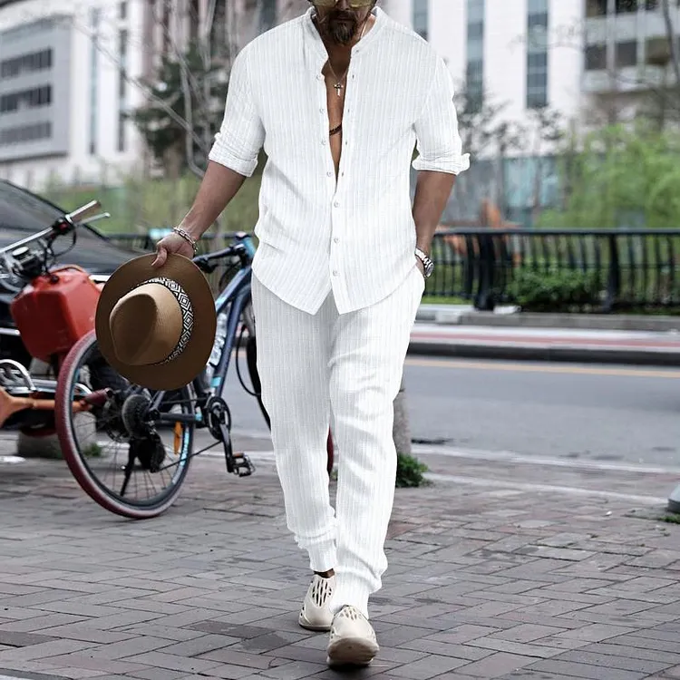 Men's Solid Stand Collar Long Sleeve Shirt Trousers Casual Set 