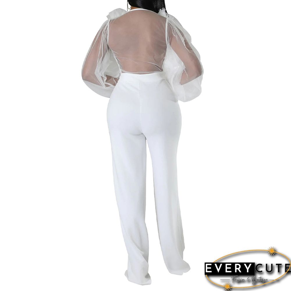 White Mesh Puff Sleeve Deep V Neck Sexy Jumpsuit