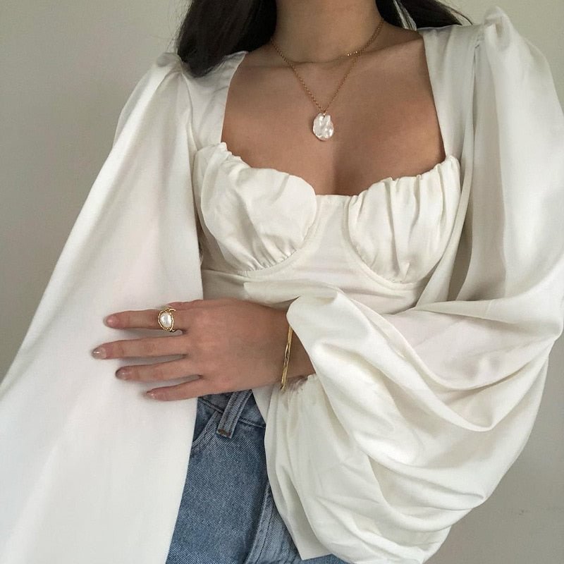 Forefair Long Lantern Sleeve White Square Neck Women Sexy Bandage Blouse 2021 Autumn Fashion Ladies Casual Elegant Clothing