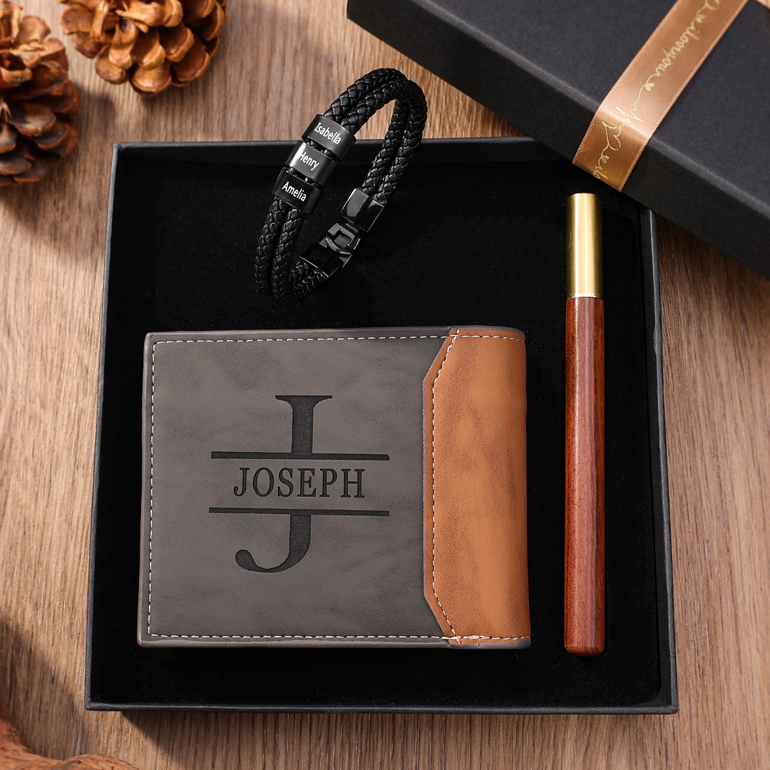 Black Personalised 1 Photo & 1 Letter & 4 Names Gift Set Custom Wallet & Bracelet & Pen Gift Box Set Father’s Day Gifts