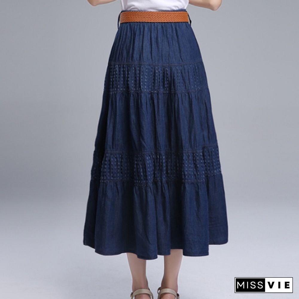 Women Summer Denim Skirts High Waist Plus Size Long Skirt Vintage Solid Color A-Line Jean Skirt With Belt Spring