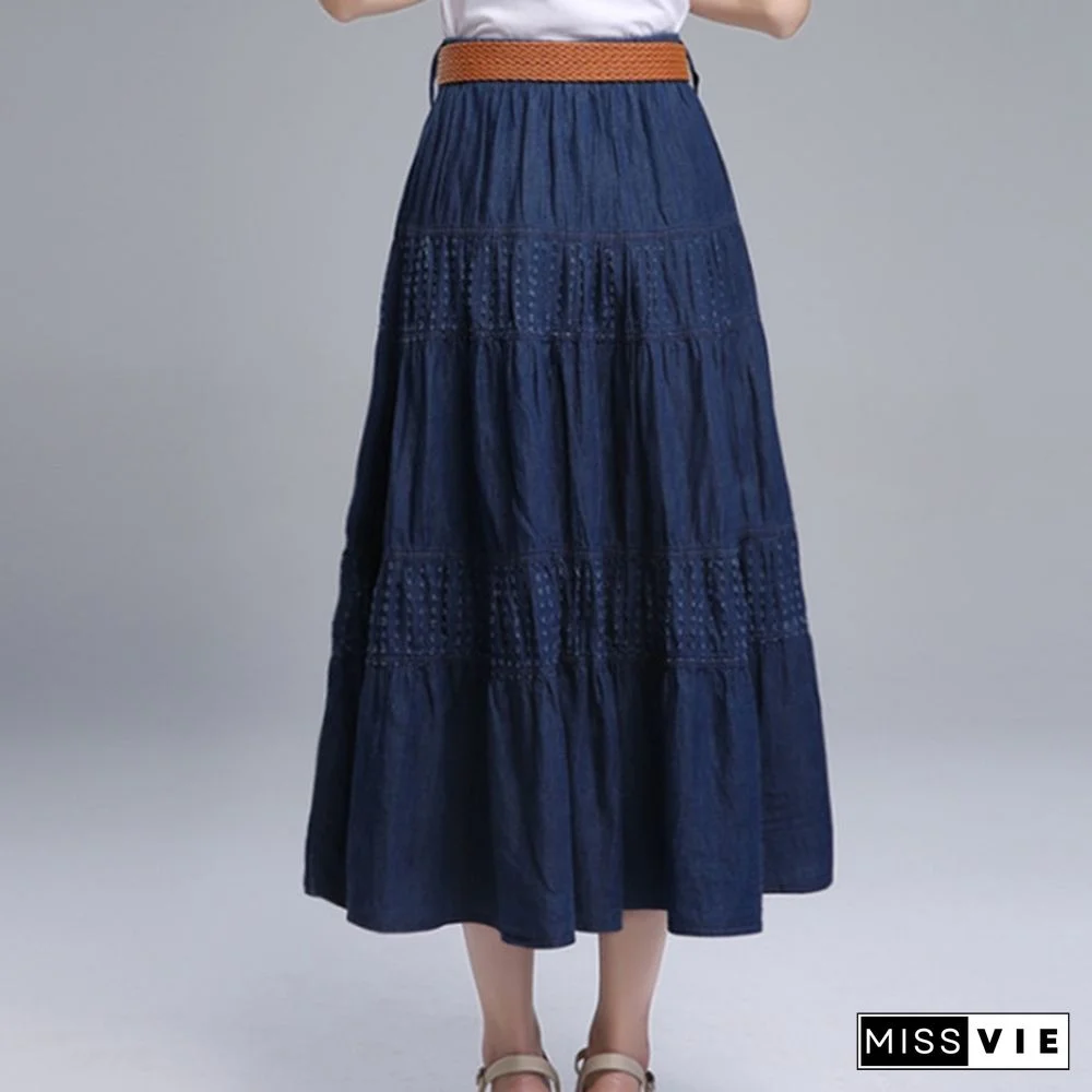 Women Summer Denim Skirts High Waist Plus Size Long Skirt Vintage Solid Color A-Line Jean Skirt With Belt Spring