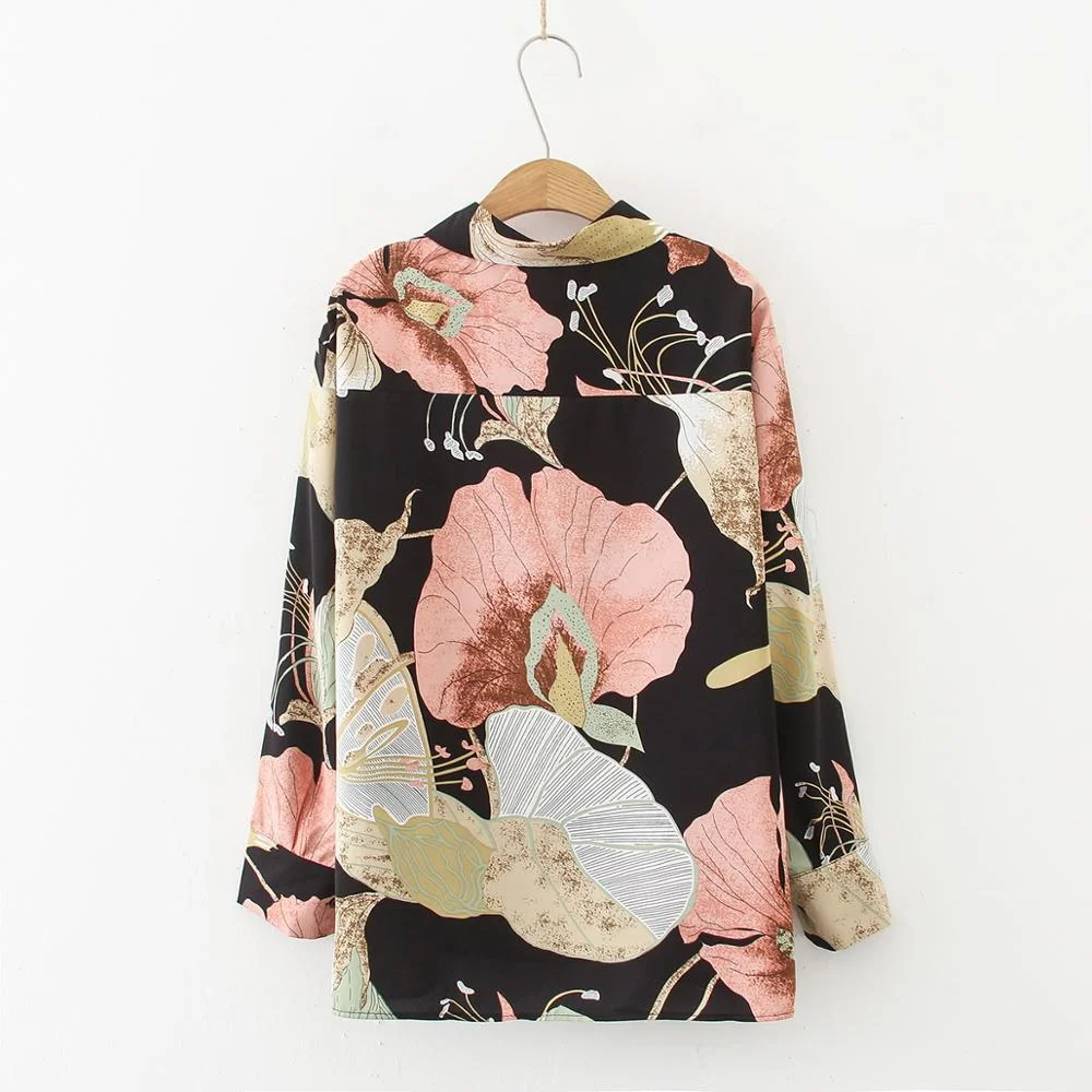 Fall New Women Vintage Floral Print Black Shirt Long Sleeve Button Up Chiffon Blouse Summer Casual Tops Feminina Blusa T07505F