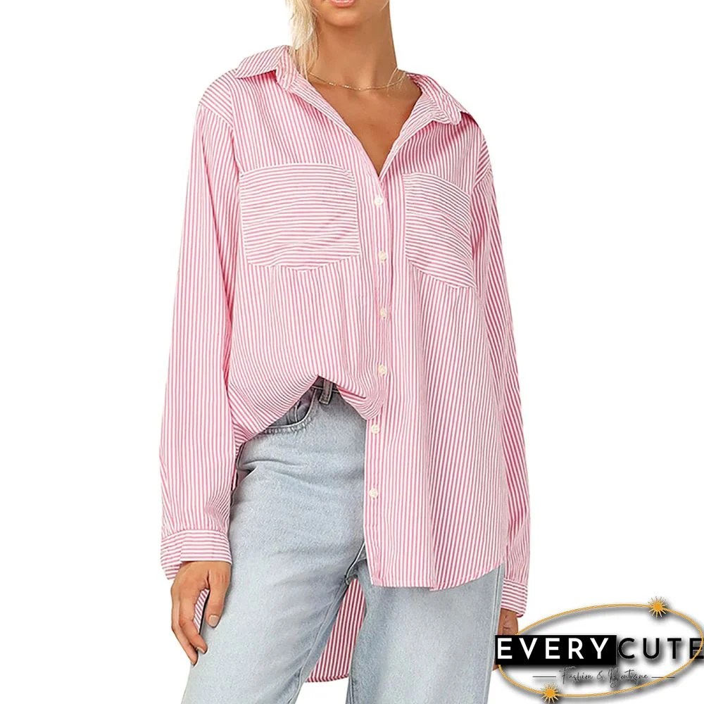 Pink Striped Print Button Long Sleeve Shirt