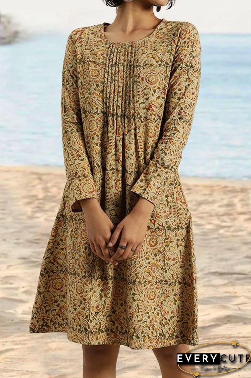 Floral Print Paneled Pleated Pockets Vintage Midi Dress