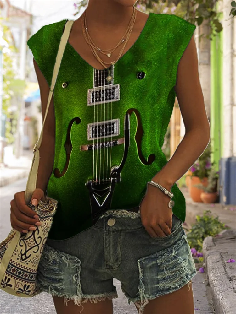 Classy Glitter Guitar Inspired V Neck Tank Top