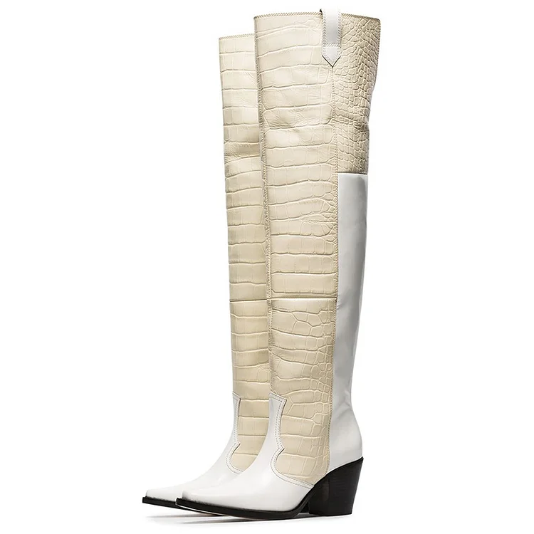 White and Beige Croco Embossed Block Heel Over The Knee Boots |FSJ Shoes