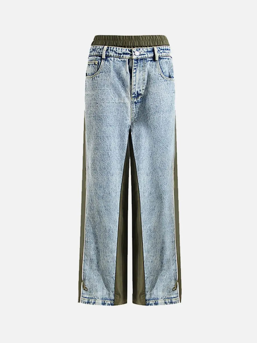 High Waist Straight Denim Stitching Trousers