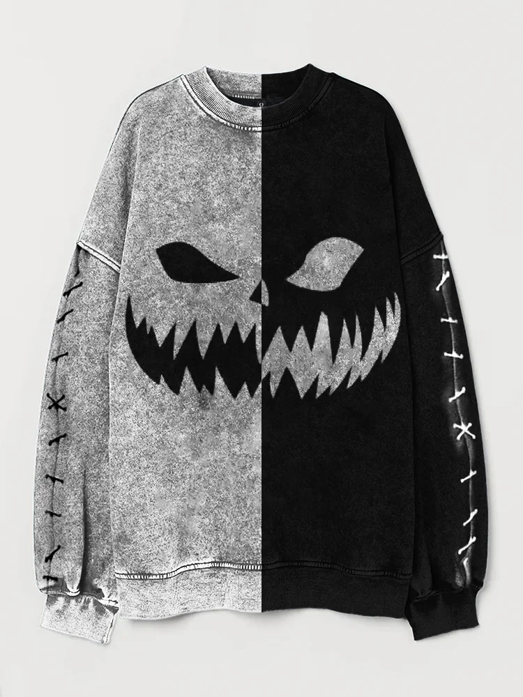 Halloween Pumpkin Face Stitched Contrast Color Washed Sweatshirt