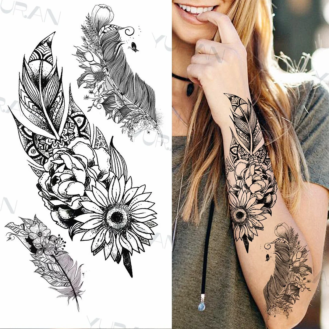 Sdrawing Catcher Rose Flower Temporary Tattoos For Women Adult Henna Moon Feather Owl Fake Tatoos Realistic Sexy Chest Tattoo Paste