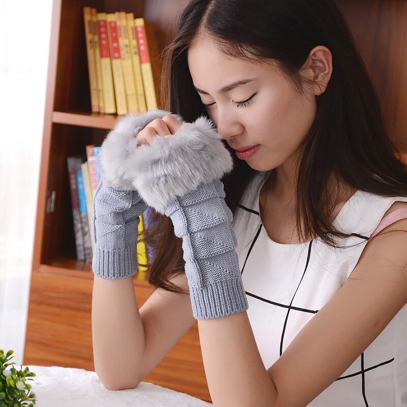 Fashion Winter Women Gloves Plush Faux Fur Knitting Wool Keep Warm Mitten Fingerless Lady Girl Half Finger Gloves Christmas Gift