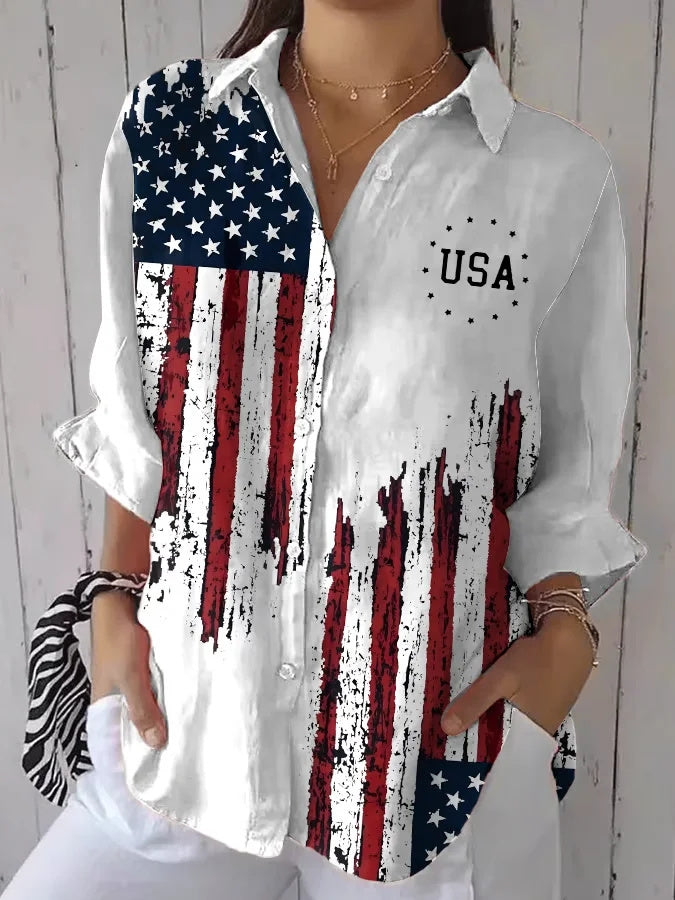 Women 3/4 Sleeve Shirt Collar National Flag Printed Graphic Button Tops