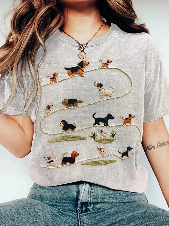 Women's Embroidered Dog Art Print T-shirt