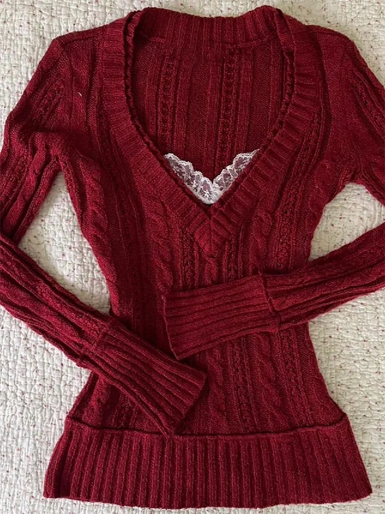 Aonga Emo girls retro women's pullover chic V-neck colorblock stripes Y2K casual sweater aesthetic straps fall winter pink streetwear aonga