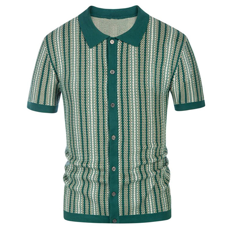 Men's Green Contrast Striped Lapel Single-Breasted Short-Sleeved Sweater