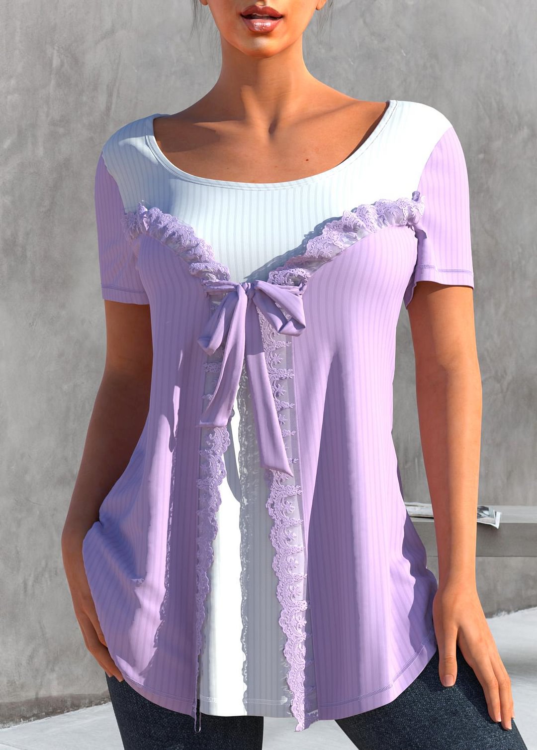 Light Purple Bowknot Lace Stitching T Shirt