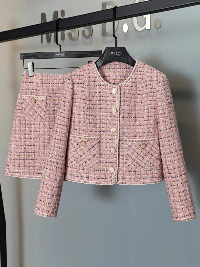 Huiketi Fragrance Vintage Tweed Two Piece Set Women Crop Top Woolen Short Jacket Coat + Mini Skirts Sets Pink Two Piece Suits