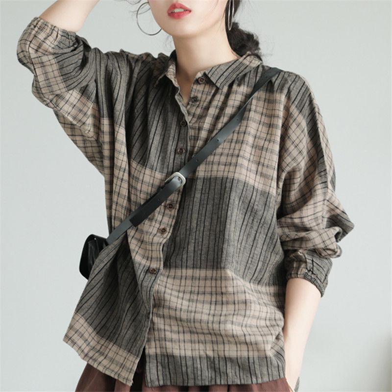 Batwing Sleeve Loose Casual Plaid Blouse Vintage Cotton Linen Shirts Womens Tops