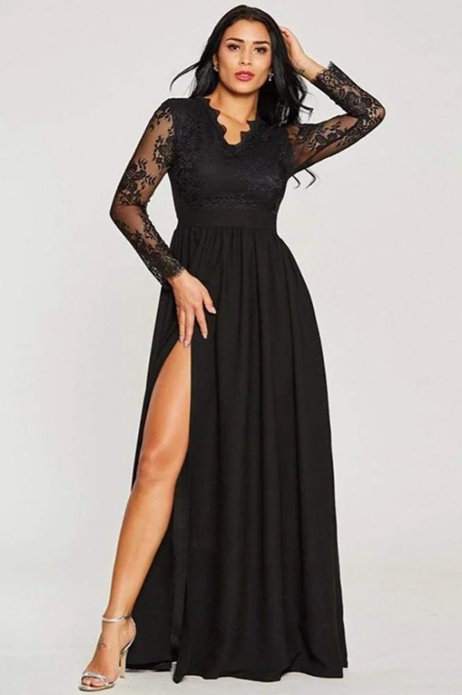 Elegant Black Front-Split Long Sleeve Prom Dress With Lace Appliques - lulusllly
