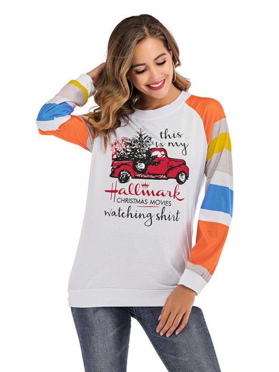 Women's Hallmark Movies Shirt Christmas Letters Stripes Patchwork T Shirt