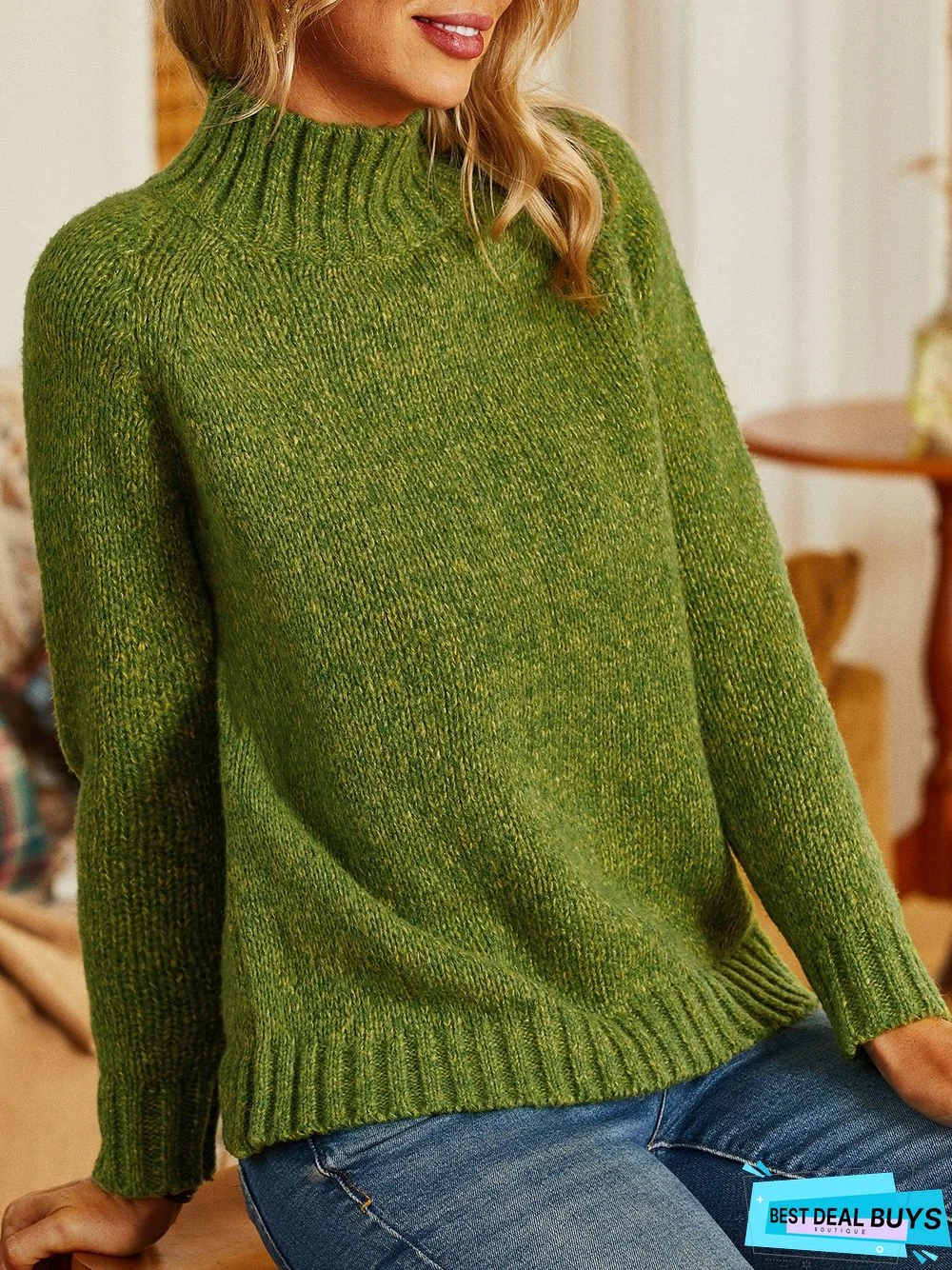 Green Turtleneck Casual Sweater
