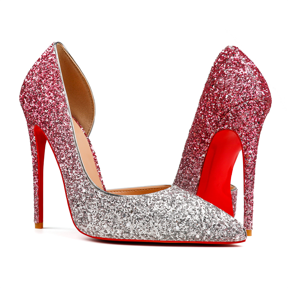 100mm Women's Pointed Toe Red Bottom Shiny Party Daily Wedding Pumps-MERUMOTE
