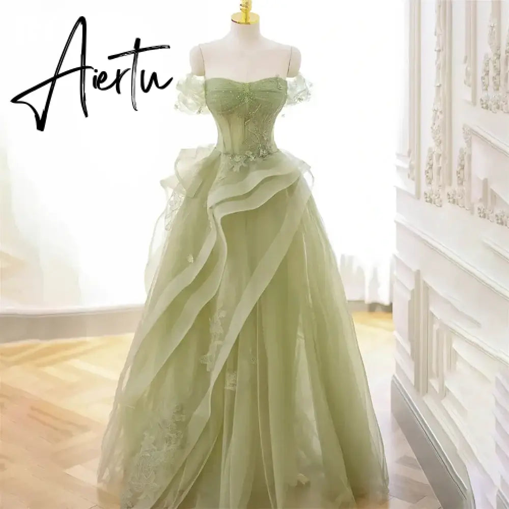 Aiertu  Sage Green Prom Dress Appliques Tulle Celebrity Dresses Tiered Pleat Women's Evening Dress Sweetheart Formal Gown Aiertu