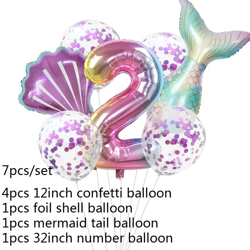 7pcs Mermaid Party Balloons 0 1 2 3 4 5 6 7 8 9 Number Foil Balloon Kids Birthday Party Decorations Baby Shower Helium Globos