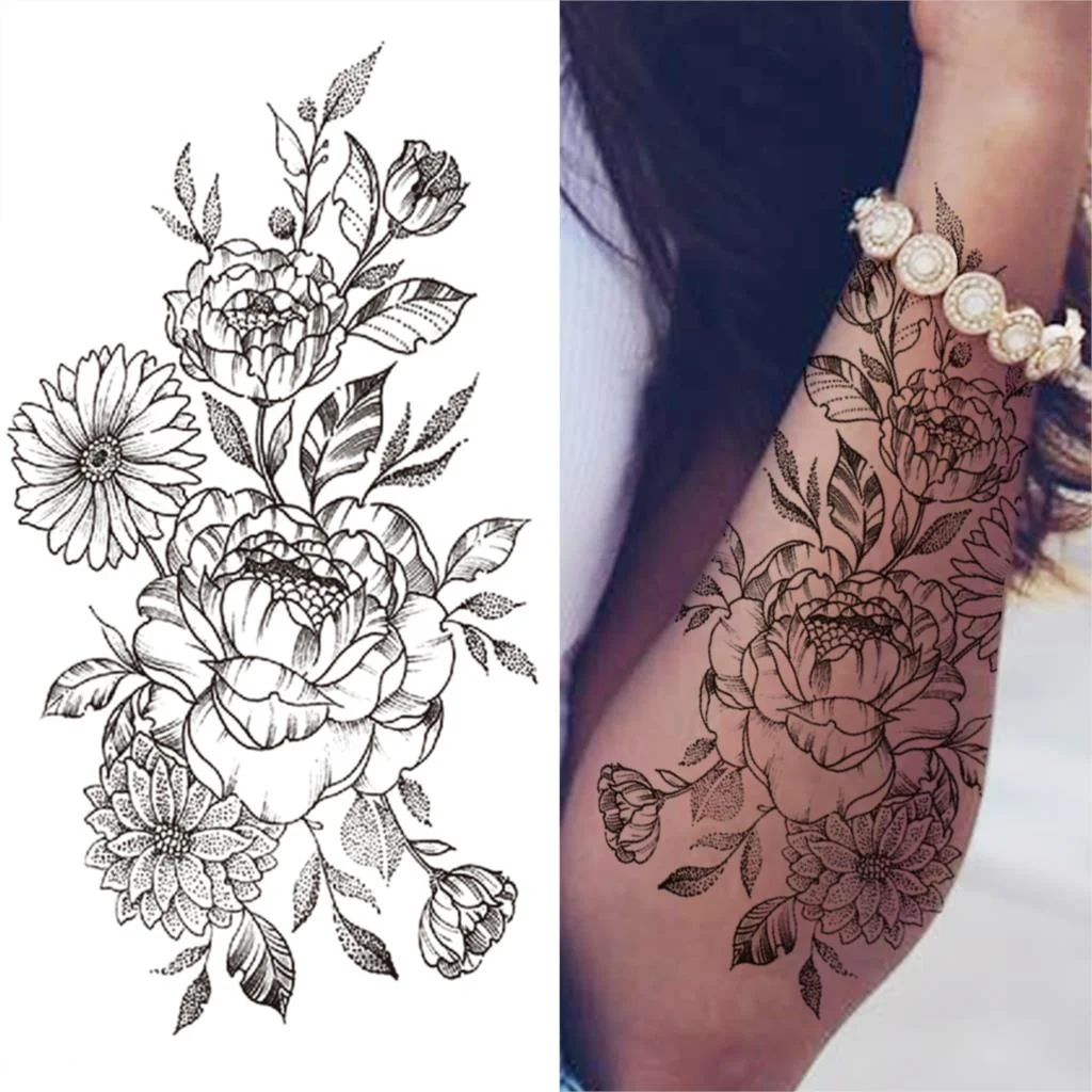 Geometry Rose Flower Temporary Tattoos For Women Girls Black Butterfly Bird Tattoo Sticker Fake Peony Geometric Body Art Tattos