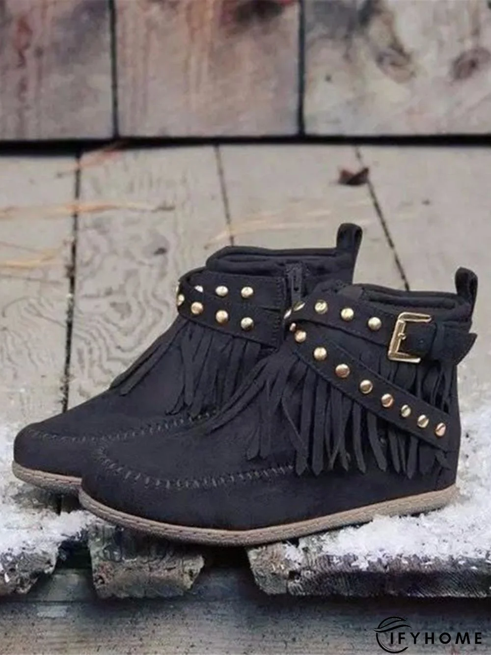 Vintage Fringe Studded Flat Round Toe Buckle Booties | IFYHOME