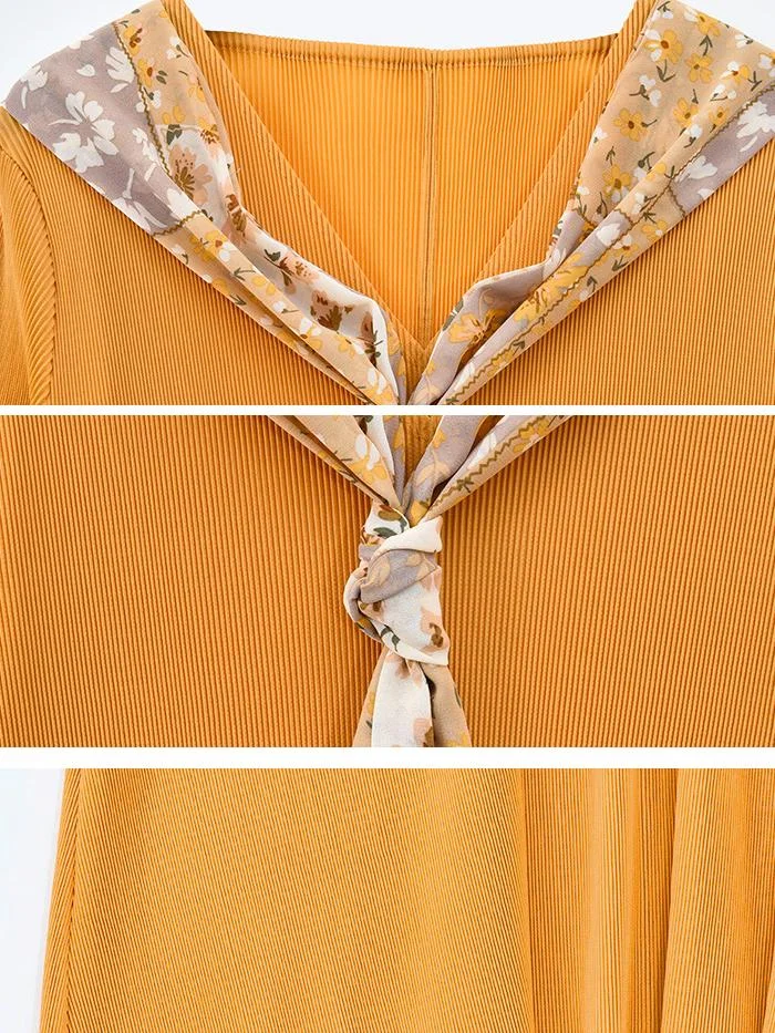 Elegant long-sleeved mid-length loose pleated dress