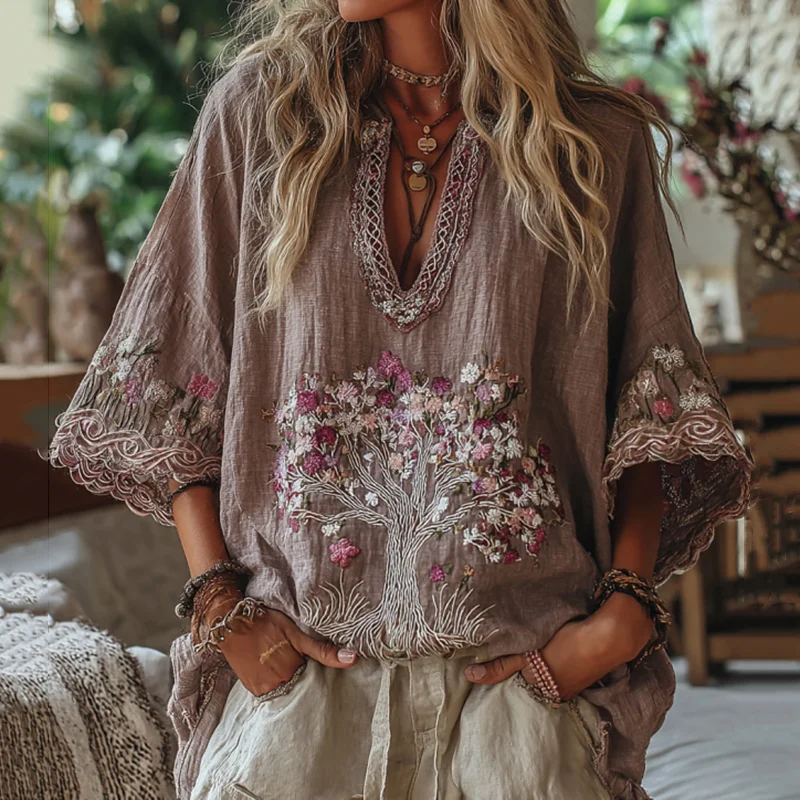 Women's Tribal Tree Of Life And Floral Art Casual Shirt