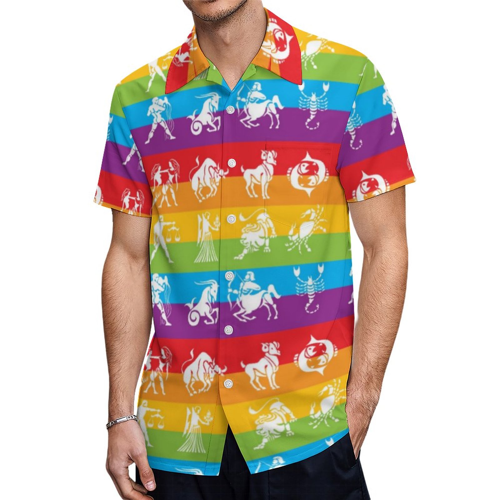 Rainbow Horoscope Yoga Gym Exercise Pants Hawaiian Shirt Mens Button Down Tropical Hawaii Beach Shirts