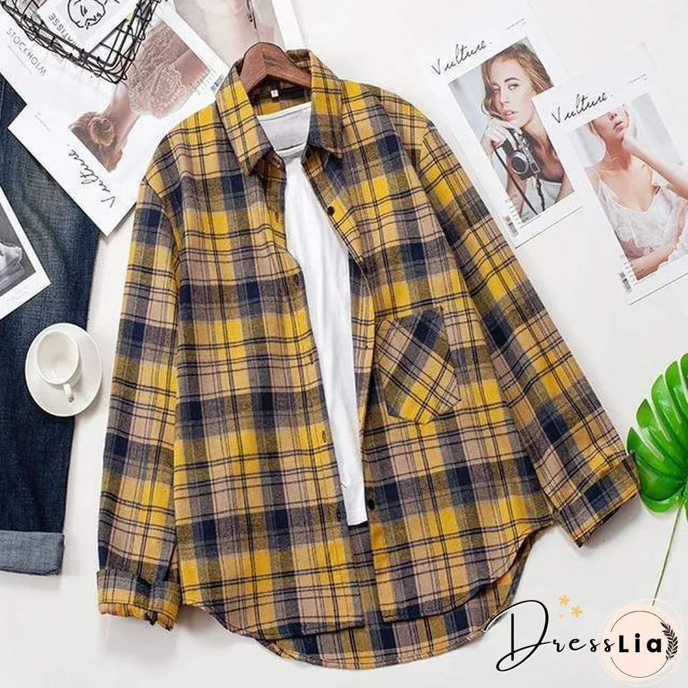 Plaid Shirts Womens Blouses Long Sleeve Lady Checked Tops Loose Female Outwear Casual
