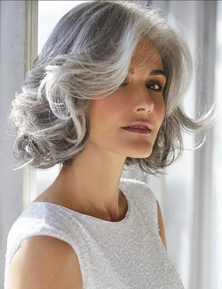 Short Grey Curly Wig Mixed Gray Wavy Wigs